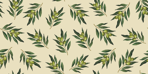 Watercolor olive branches seamless pattern For wallpaper olive oil wrapping paper Beige background Floral print Botanical decoration Italian plant design Organic Natural