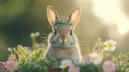 Fototapeta premium In a pot brimming with green plants, a cute rabbit wearing a crown sits comfortably