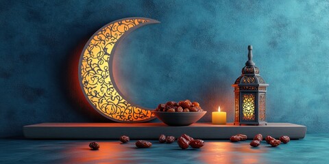 Beautifully Lit Crescent Moon Lantern with Dates and Candle on a Table Against a Turquoise Background