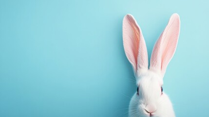 Obraz premium White rabbit ears against a pastel blue background for Easter. 