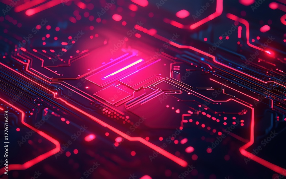 Aufkleber abstract close-up of a vibrant circuit board with glowing pink details and intricate patterns.
