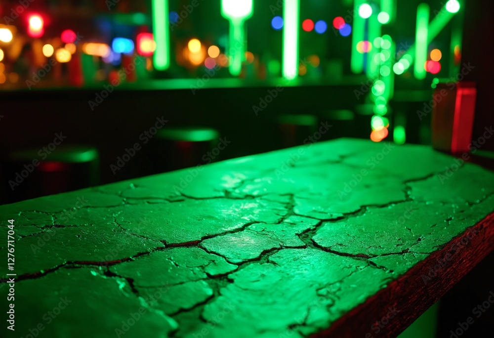 Poster empty dark stone table with green fluorescent neon laser lights. party and night club concept backgr