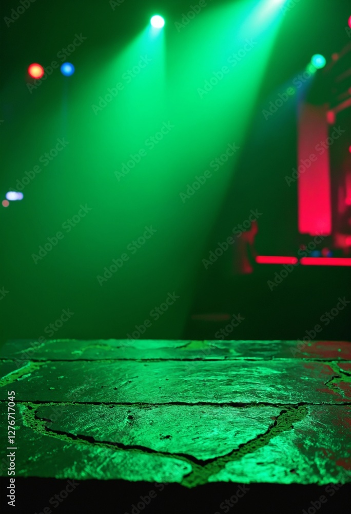 Aufkleber empty dark stone table with green fluorescent neon laser lights. party and night club concept backgr