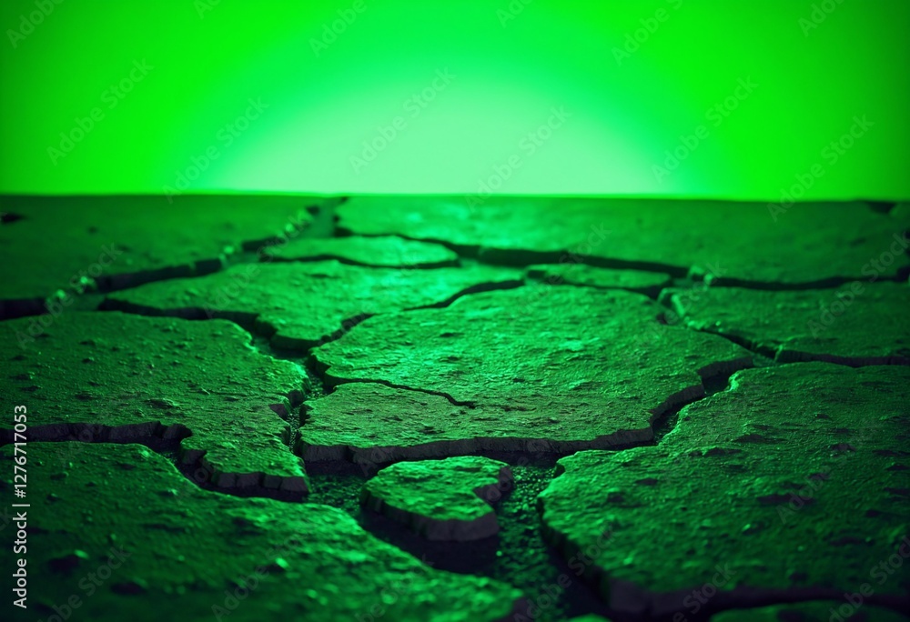 Poster Empty dark stone table with green fluorescent neon laser lights. Party and night club concept background with copy space for text or product display
