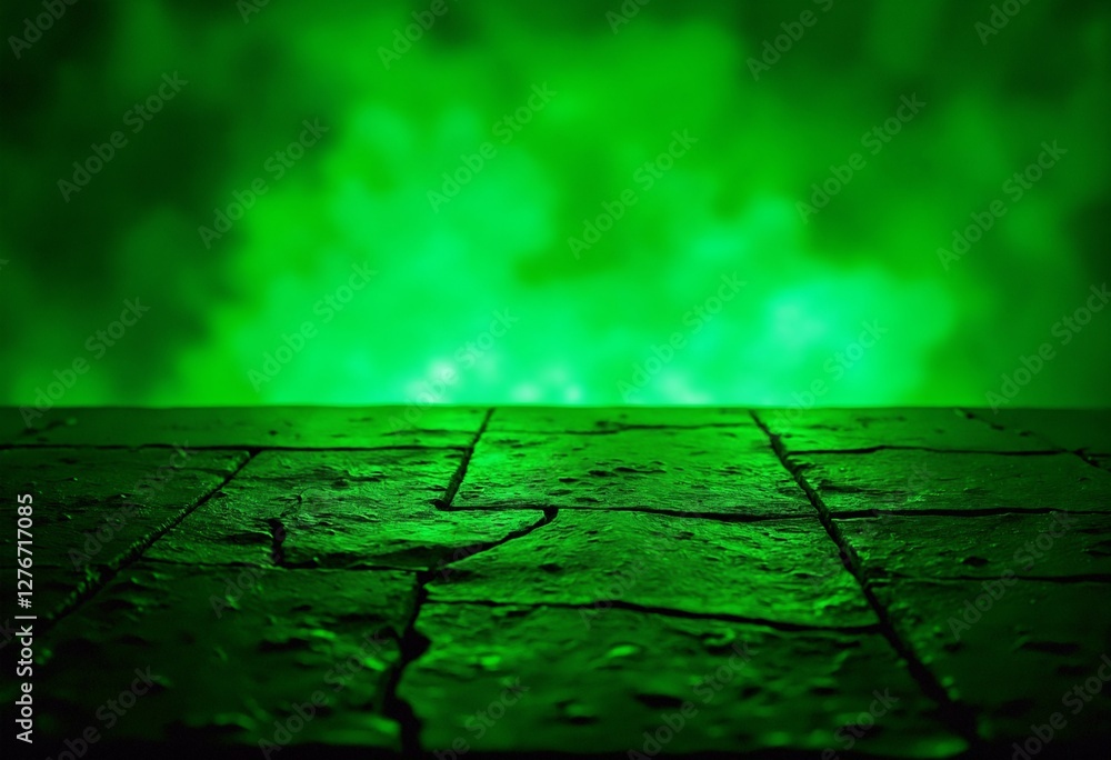 Poster empty dark stone table with green fluorescent neon laser lights. party and night club concept backgr