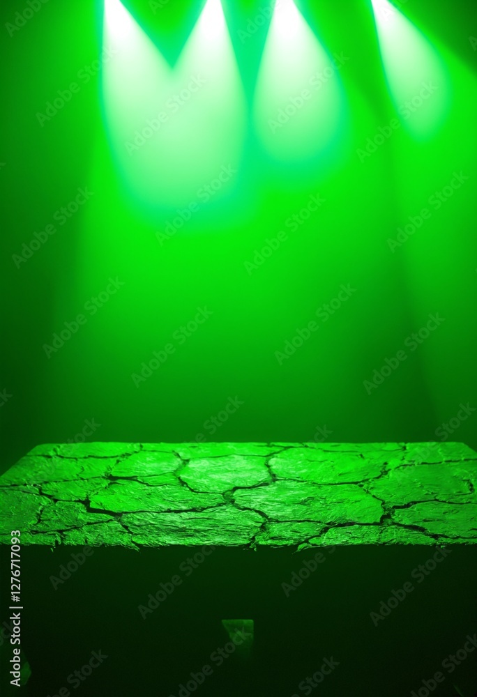 Poster Empty dark stone table with green fluorescent neon laser lights. Party and night club concept background with copy space for text or product display