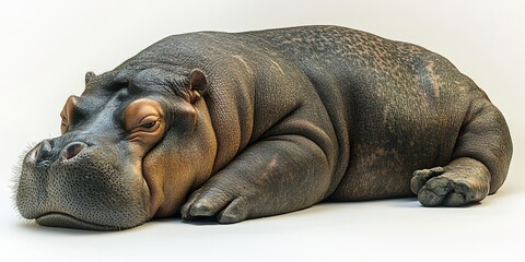 Hippo resting comfortably on the ground showcasing its large body and serene expression in a neutral setting