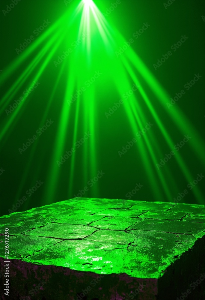 Poster empty dark stone table with green fluorescent neon laser lights. party and night club concept backgr