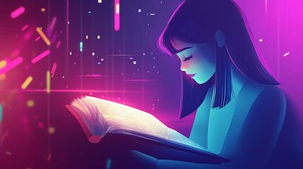 A visually engaging animation of a student reading from a glowing AI-powered book, which projects narrated explanations and personalized insights in real-time 