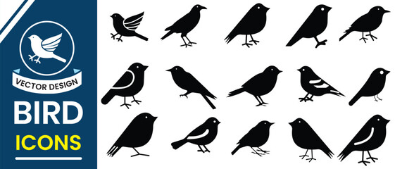 Bird icon vector illustration. Flying Bird vector, Set of silhouettes of birds vector sign and symbol. Flying, sitting vector set. Bird symbol for logo, app and web design. Vector illustration.