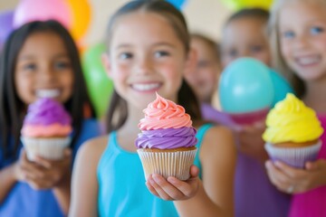 A child's birthday party with colorful cupcakes