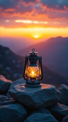 A Lit Lantern Sits Atop A Rock Overlooking A Sunset-Drenched Landscape. Peaceful And Serene, The Scene Evokes Feelings Of Calm And Spirituality