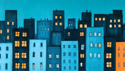 City skyline at night with illuminated windows and a vibrant blue backdrop showcasing urban life and architecture