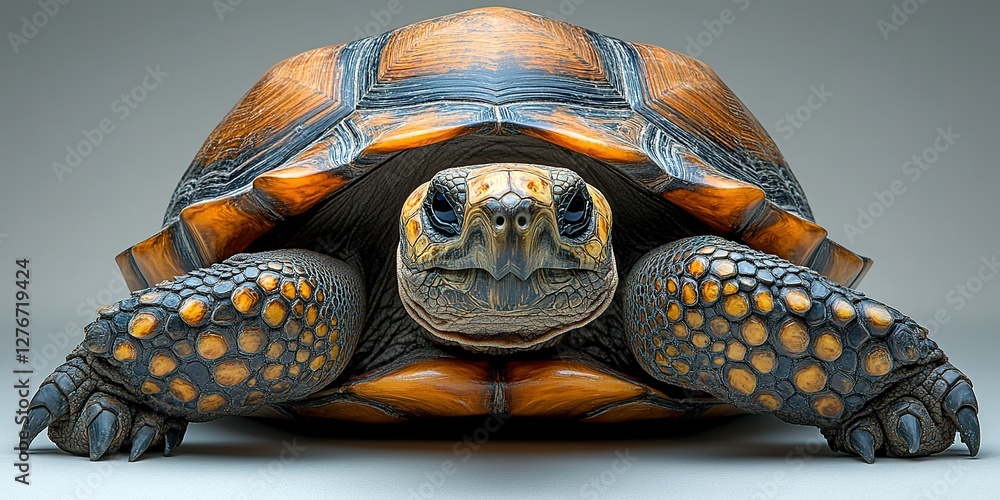 Poster realistic sculpture of a turtle highlighting intricate shell patterns and textured skin in a neutral