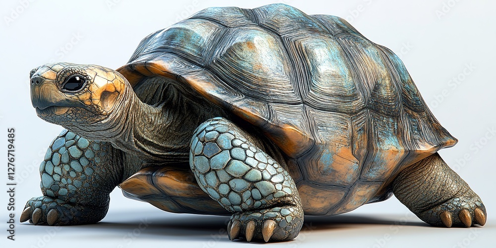Poster realistic depiction of a tortoise showcasing intricate shell patterns and textures