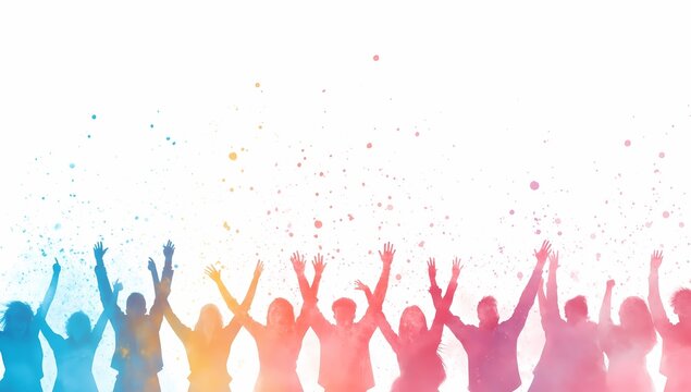 Colorful celebration with raised hands and joyful expressions during a vibrant event
