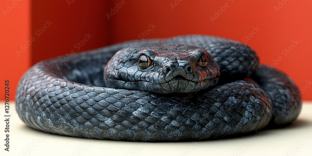 Poster black snake curled up resting on a light surface with an orange backdrop in a tranquil indoor settin