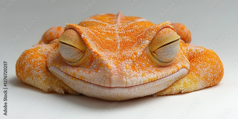 Poster bright orange frog resting calmly with eyes slightly closed on a smooth surface in a well-lit settin