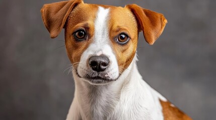 A petite white and brown dog with a black nose and eyes