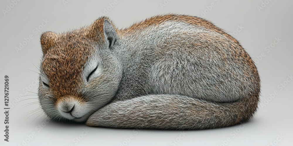 Poster squirrel resting peacefully in a curled position, showcasing soft fur and tranquil demeanor in a min
