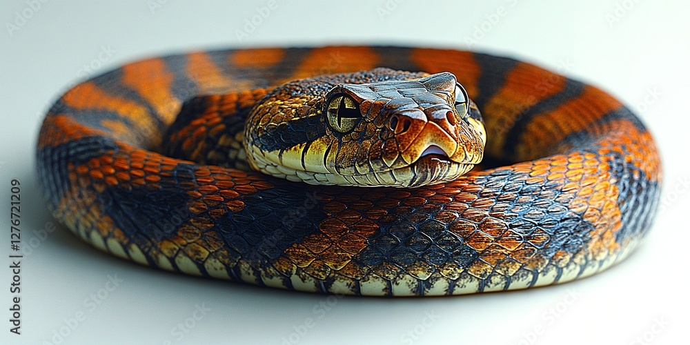Poster vibrant banded snake resting on a smooth surface in a well-lit environment showcasing its striking c