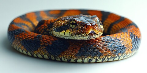 Fototapeta premium Vibrant banded snake resting on a smooth surface in a well-lit environment showcasing its striking colors