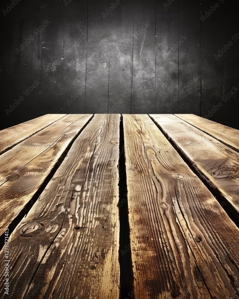 Poster rustic wooden surface with grain texture against a dark background for photography and design projec