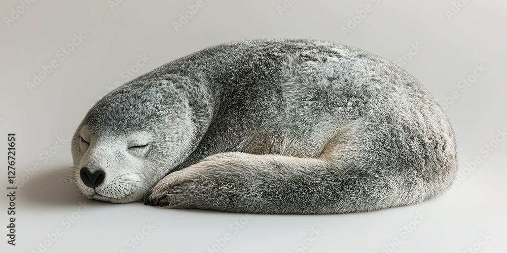 Poster a close-up of a sleeping seal resting on a soft surface in a serene environment showing its peaceful