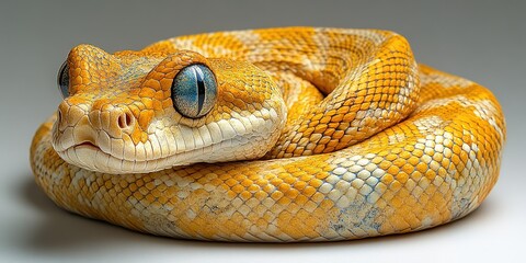 Fototapeta premium Stunning close-up of a bright orange and yellow ball python resting on a neutral background