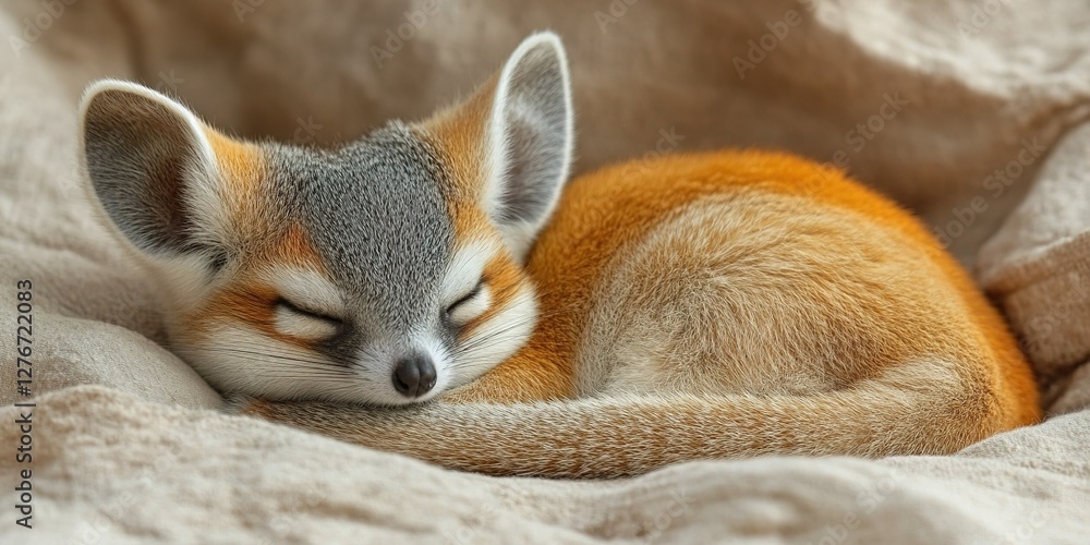 Poster Sleepy fennec fox curled up on a soft surface in a cozy setting during the day