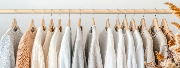 High-quality display of stylish women's clothing hung on a rack against a light background, perfect for mockups and designs