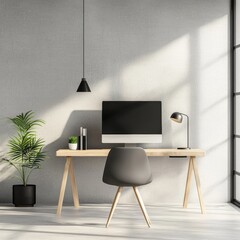 Minimalist creative studio with neutral tones, modern furniture, and a clutter-free open workspace