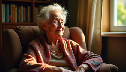 Elderly woman in an armchair, bathed in sunlight by the window, exuding calm and serenity in her cozy home. Happy living at home.