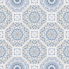 Seamless colorful patchwork. Hand drawn background. Azulejos tiles patchwork. Traditional ornate Portuguese and Spanish decorative tiles azulejos. Abstract background. Ceramic tiles. Vector