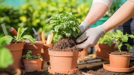 Houseplant care with soil, roots, and hands in focus