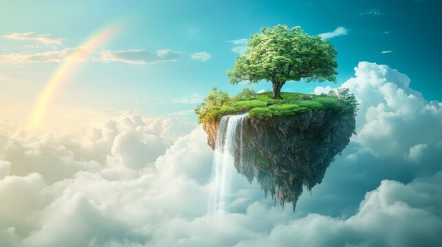 A levitating island with waterfalls flowing into the sky