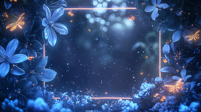 Enchanted floral frame with glowing dragonflies amidst a starlit backdrop. Perfect for ethereal and magical designs. Ideal for invitations or backgrounds.