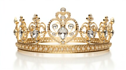 Gold crown isolated on white background, intricately designed with delicate filigree, embedded with radiant gemstones, reflecting regal elegance and luxury.