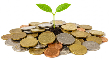 A delicate plant growing from a heap of coins, symbolizing financial planning and long-term investment