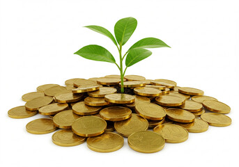 A small plant sprouting from a pile of gold and silver coins, illustrating the concept of investment growth