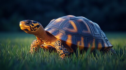 Obraz premium A tortoise with a yellow shell and black stripes is standing on a rocky surface, looking to the right