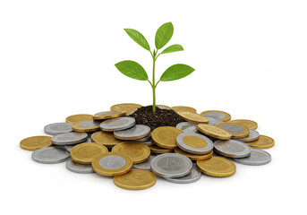 A vibrant plant sprouting from a pile of diverse coins, symbolizing financial growth and return