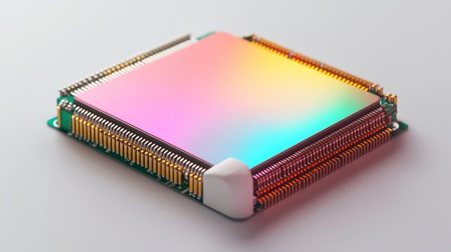 A polycrystalline silicon wafer microchip, displaying a spectrum of colors, is placed on a white background. This component is crucial for making integrated circuits