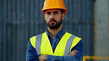 Confident engineer in safety gear standing firm against industrial background