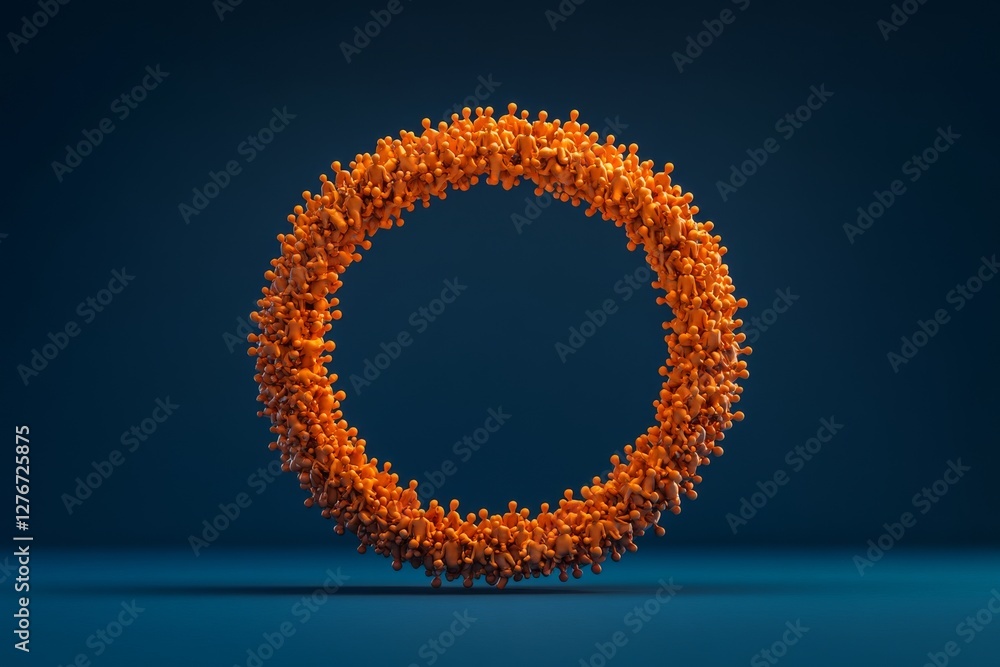 Poster orange human figures clustered together in a circle, representing unity and teamwork. these lively m