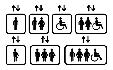 Elevator lift vector icon set on white background. Male, female, disabled person, all gender, gender neutral signs flat collection. Arrows up and down.