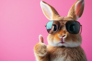 Fototapeta premium Hilarious Easter animal pet - Easter bunny rabbit wearing sunglasses and giving a thumbs up, set against an orange background