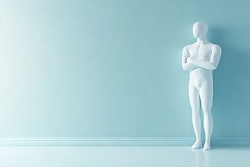 A figure, representing an introverted and shy person, is shown in a 3D illustration with arms folded, back to the wall, silently observing the surroundings, in a shy mood, without a visible face