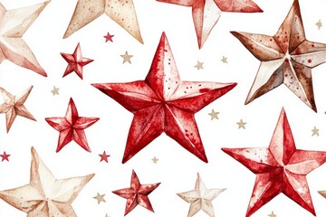 Obraz premium An uninterrupted watercolor pattern of charming red and beige stars on a white backdrop, ideal for children's room decor with its playful design elements