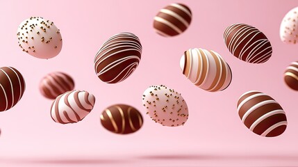 Beautiful pastel pink background features scattered gold and striped Easter eggs, offering a festive and cheerful design for springtime